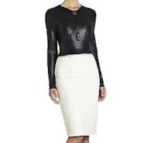 NWT BCBG MAX AZRIA Callan Long Sleeve Faux Leather Mesh Contrast Back Top XXS - Picture 2 of 13